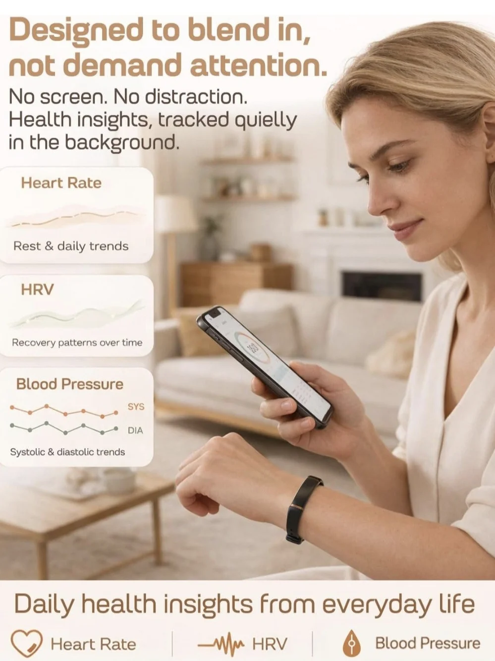 FITVII Black Fitness Tracker Band with Gold Accents Screenless Activity Tracker